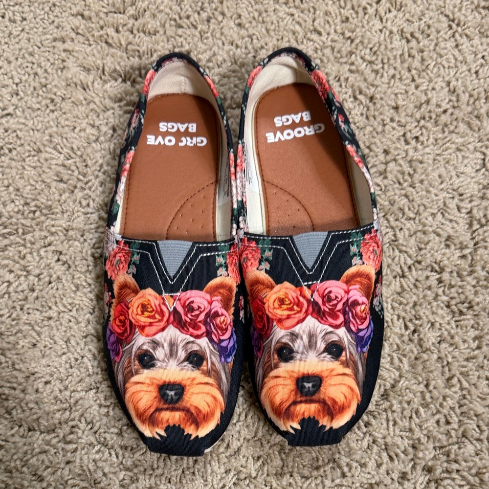 Groove Bags Custom Kicks Yorkshire Terrier Floral Slip On Canvas Flats